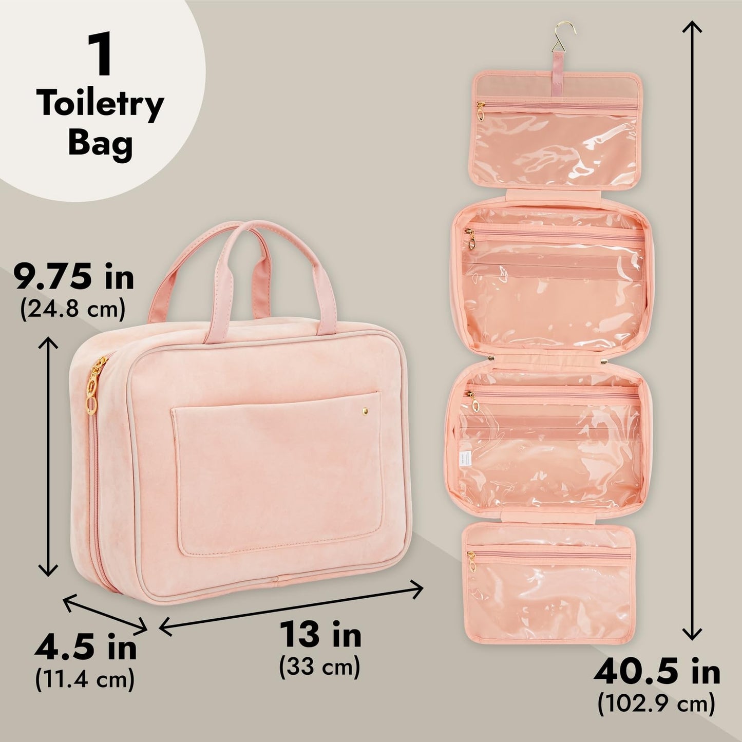 Glamlily Large Roll Up Hanging Toiletry Bag for Women, Pastel Pink Makeup Travel Organizer with S Hook for Cosmetics, Hair Accessories, Razors (13x4.5x9.75 In)