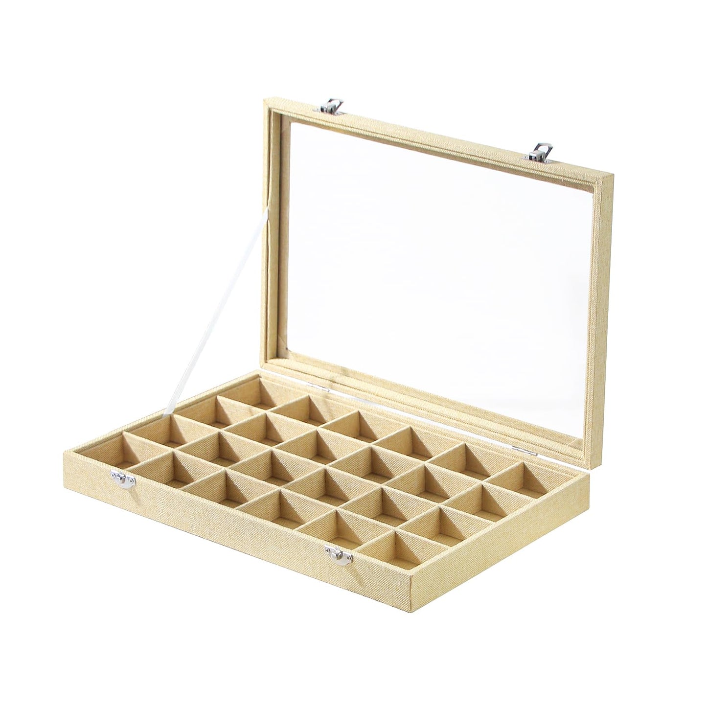 Coward Jewelry Organizer Box, Yellow Linen 24 Grids Ring Earring Jewelry Display Tray Case with Transparent Glass Lid for Home Drawer or Shop Selling