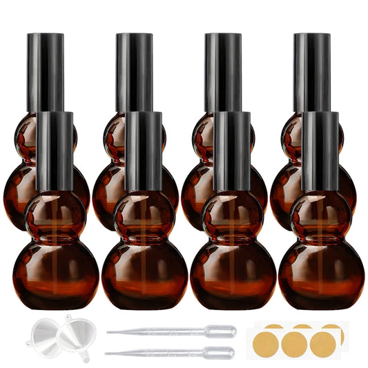 DZREVEOTA 8 Pack 1oz/30ml Spray Bottles, Amber Glass Bottles with Fine Mist Sprayers, Small Spray Bottle-Double Gourd Shaped,for Perfume Travel Containers (Amber, 1oz/30ml)