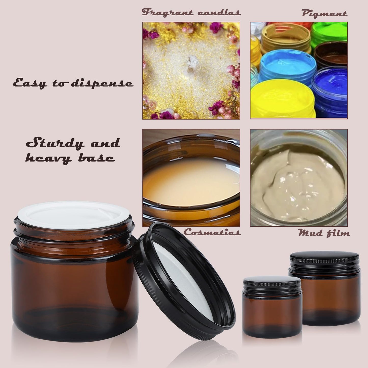RAMFIYN 2oz Amber Glass Jars with Lids - 12 Pack Cosmetic Containers for Travel, Lotion, Cream