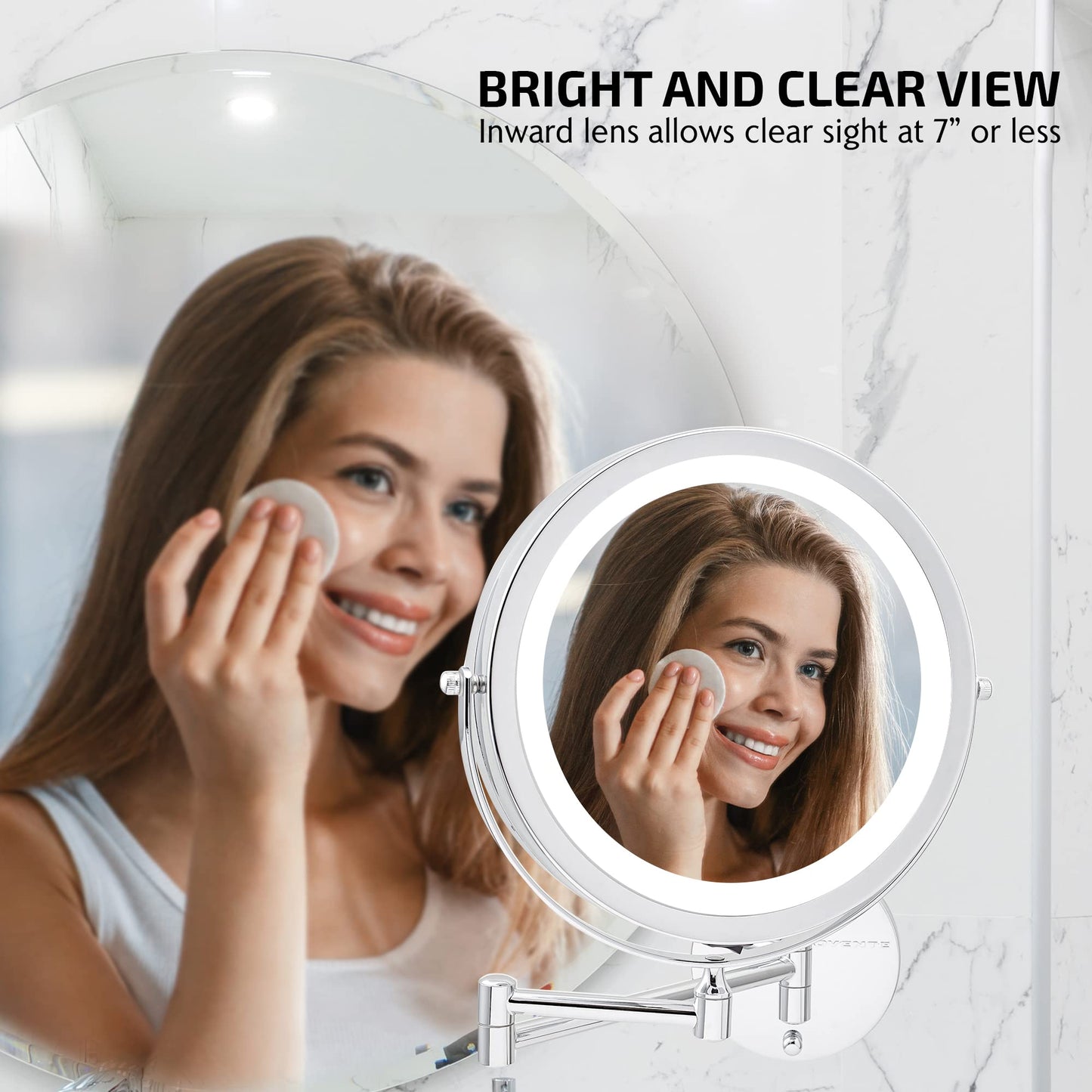 OVENTE Wall Mounted Lighted Makeup Mirror, 9" Double Sided 1X/10X Magnifying Vanity Mirror for Bathroom with LED Lights, Cordless, 360° Rotation and 13" Extendable Arm, Polished Chrome MFW85CH1X10X