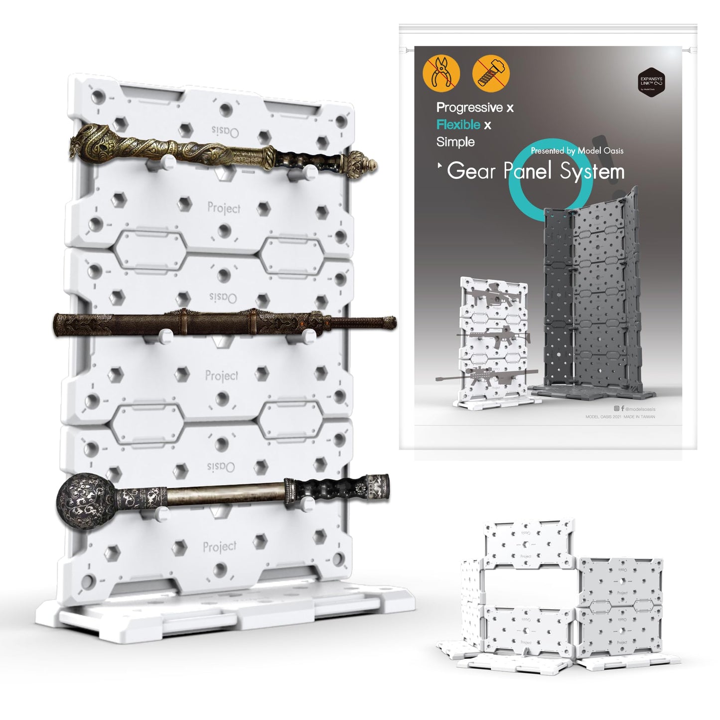 SPARKSTOY Modular Hangar Display Base for Model Kits | Pegboard-Style Diorama Panel System with 90°/135° Connectors, Customizable Assembly for Figures, Accessories & Scale Mecha (White Gray)