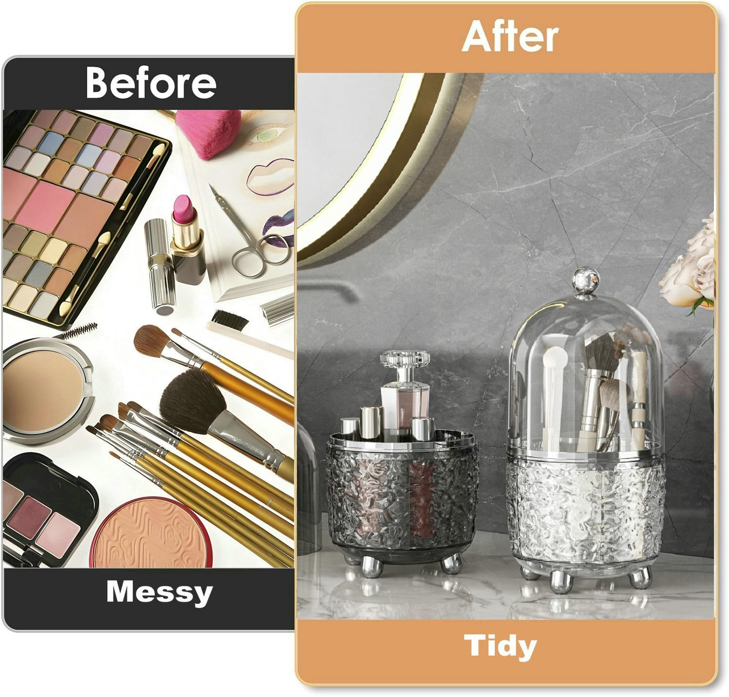 CHIRISEN 360 Rotating Makeup Brush Holder with Lid Dustproof Spinning Brush Storage for Bathroom Countertop, Cosmetic Tools Organizer with Cover for Vanity (Gray)
