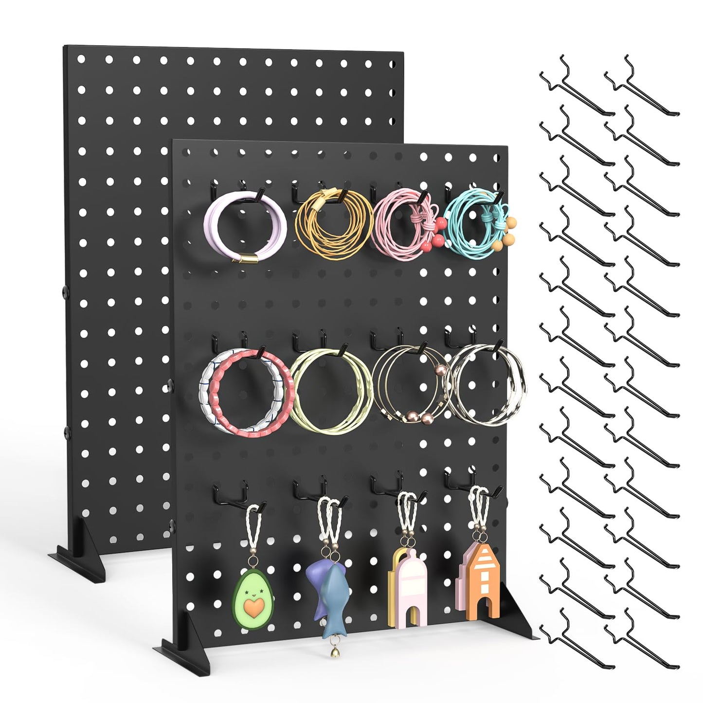 Feeloco Peg Board Display Stand for Vendors, 2Pcs Black Pegboard Display Stand with 24 Hooks, Free Standing Pegboard Display, Tabletop Hanging Display Stand for Craft Shows, Keychain, Jewelry(16*12 inch)