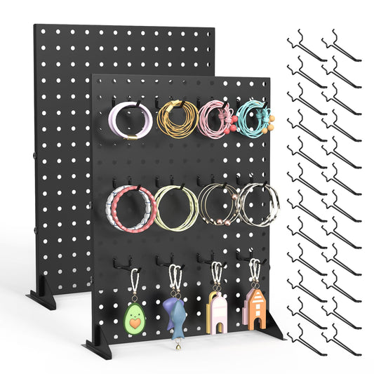 Feeloco Peg Board Display Stand for Vendors, 2Pcs Black Pegboard Display Stand with 24 Hooks, Free Standing Pegboard Display, Tabletop Hanging Display Stand for Craft Shows, Keychain, Jewelry(16*12 inch)