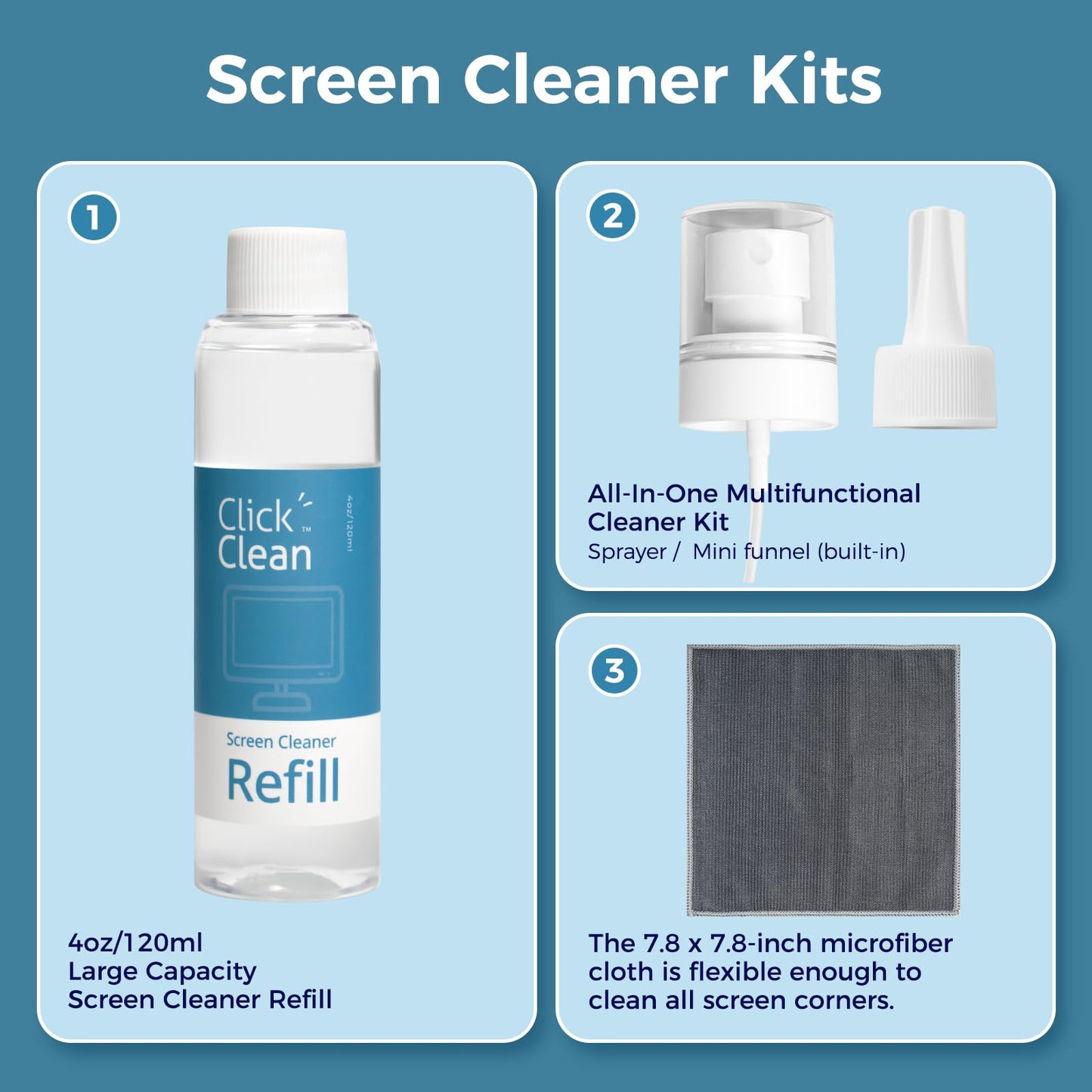 Click Clean Screen Cleaner Refill Kits - 4 oz Cleaner Refill and 1 Microfiber Cloth(7.8 x 7.8in), 1 Mini Refill Funnel + 1 Sprayer - Specially Designed for Click Clean Cleaning Products