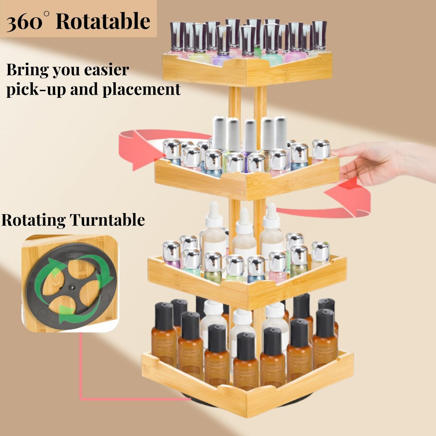 ZAVOOS Nail Polish Organizer, 4 Tier Bamboo Stand Essential Oil Display Rack for 120-212 Bottles, 360 Rotating Large Capacity Cosmetics Storage Shelf Holder for Home Spa, Business Salon