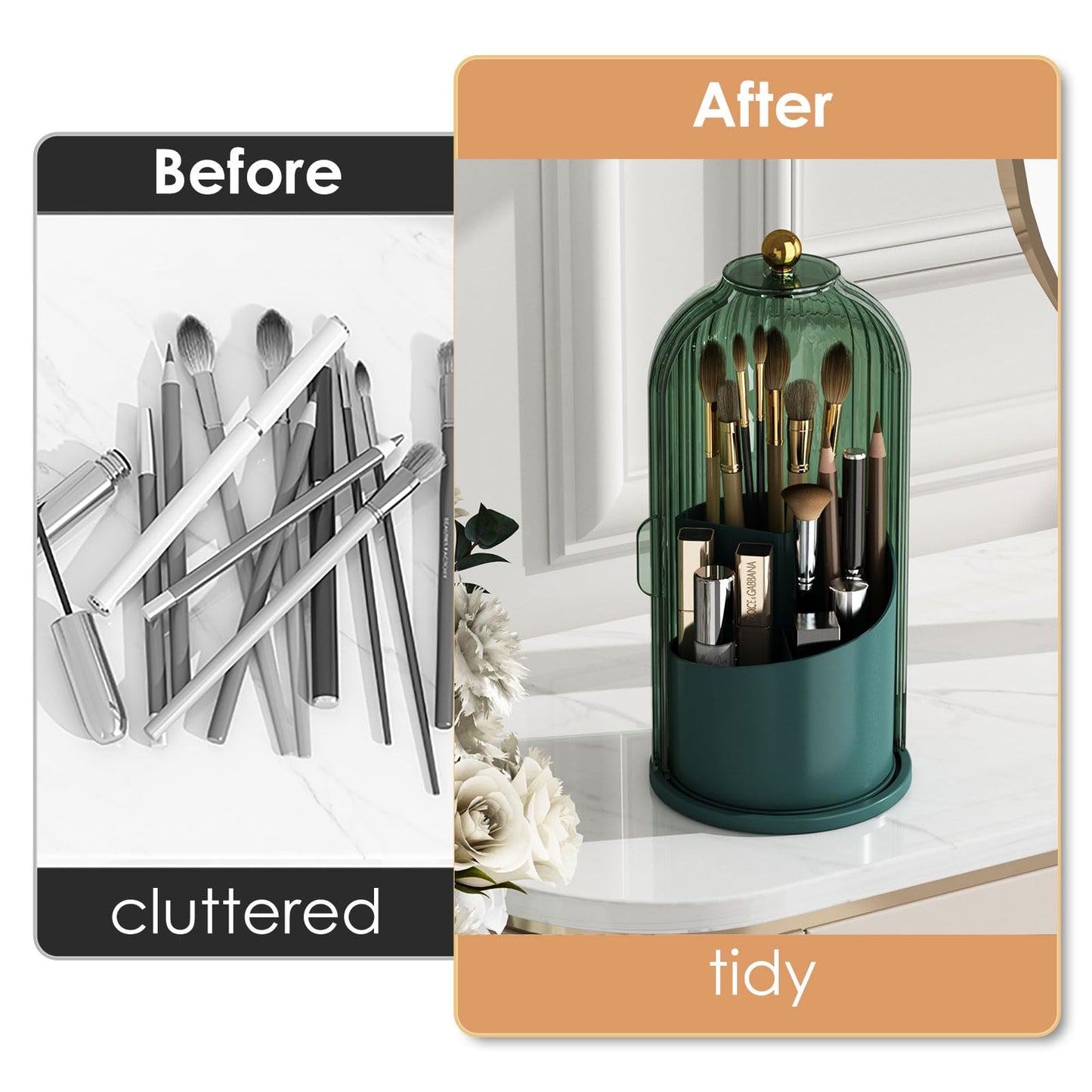 YOOLENS Makeup Brush Holder with Lid 360 Rotating Clear Dustproof Make Up Organizers for Vanity Bathroom Countertop, Green