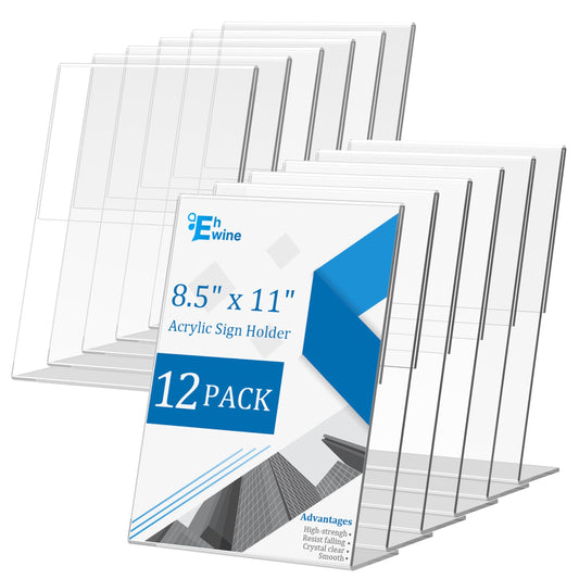 EHWINE 12 Pack Acrylic Sign Holder 8.5 x 11, L Shape Clear Plastic Display Stand, Slanted Back Picture Frame Menu Flyer Paper Display Stand up Table Top Sign Holders for Restaurant, Office and School