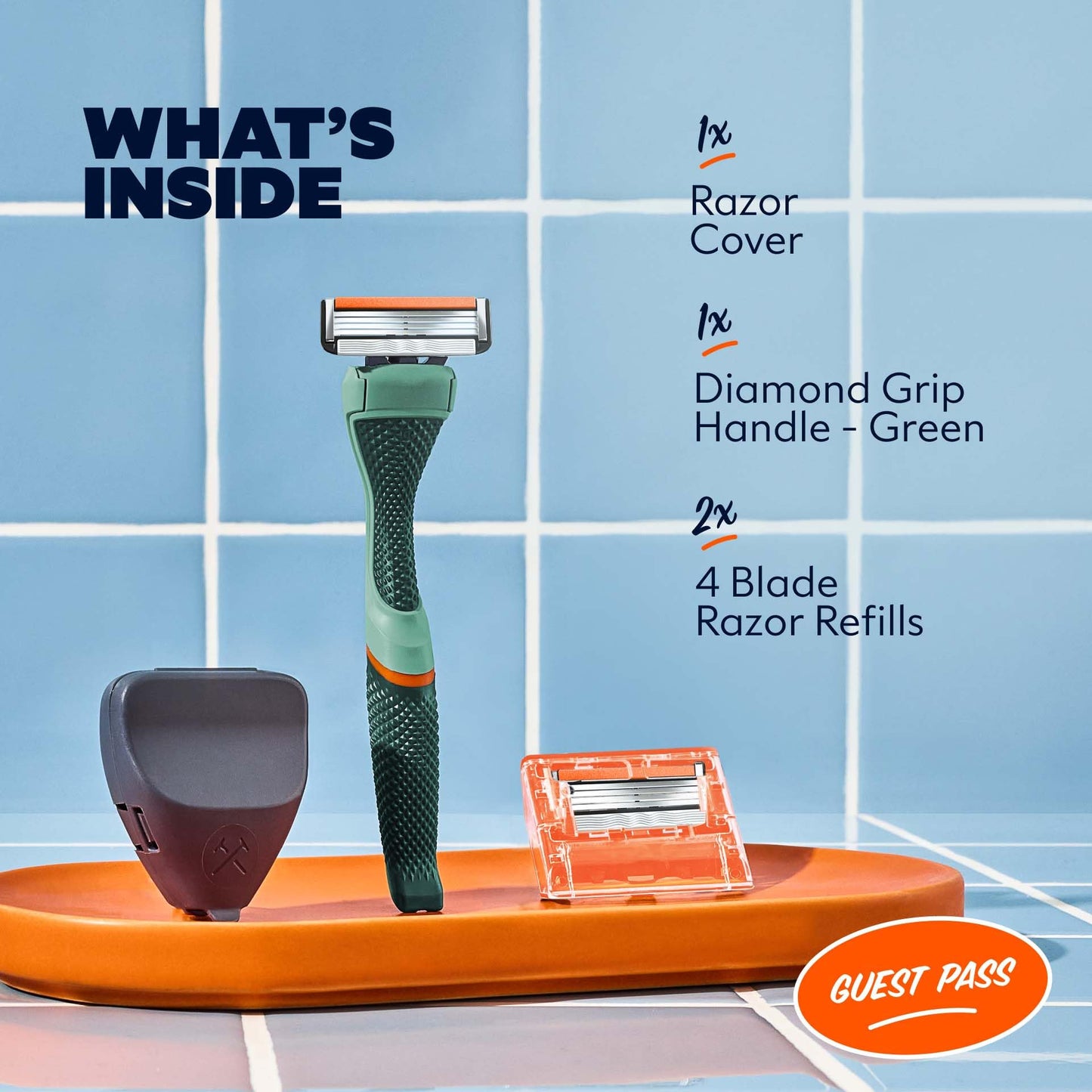 Dollar Shave Club | The Guest Pass Shave Set | 2 Swift Rinse Refill Cartridges, 1 Handle (Green), 1 Razor Cover, Razors for Men