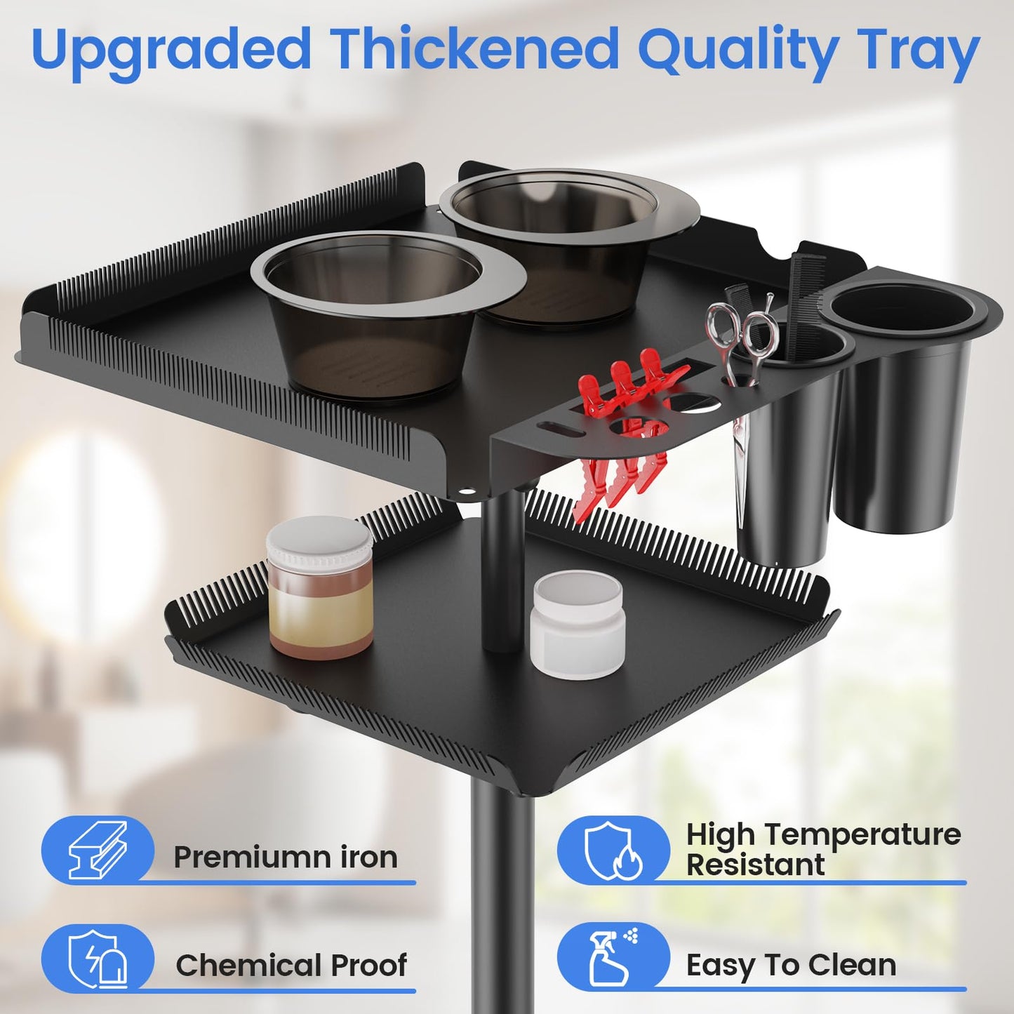 Rolling Salon Tray on Wheels with Braiding Hair Platform, Metal Salons Tray Cart with 2 Magnetic Bowls, Hairstylist Tray for Salon Station, Height Adjustable Salons Trolley Cart for Salon&Spa Use