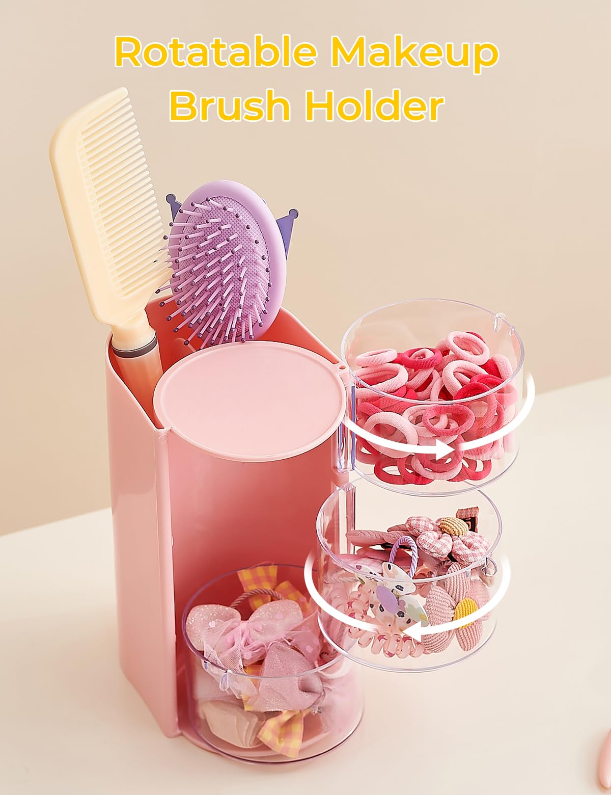 UFORU Hair Accessories Organizer with Hair Brush Holder, 3 Drawer Rotatable Hair Tie Organizer for Makeup Brushes, Hair Clips, Earrings, Necklaces, Bracelets and Hair Accessories, Pink, 3-Layer