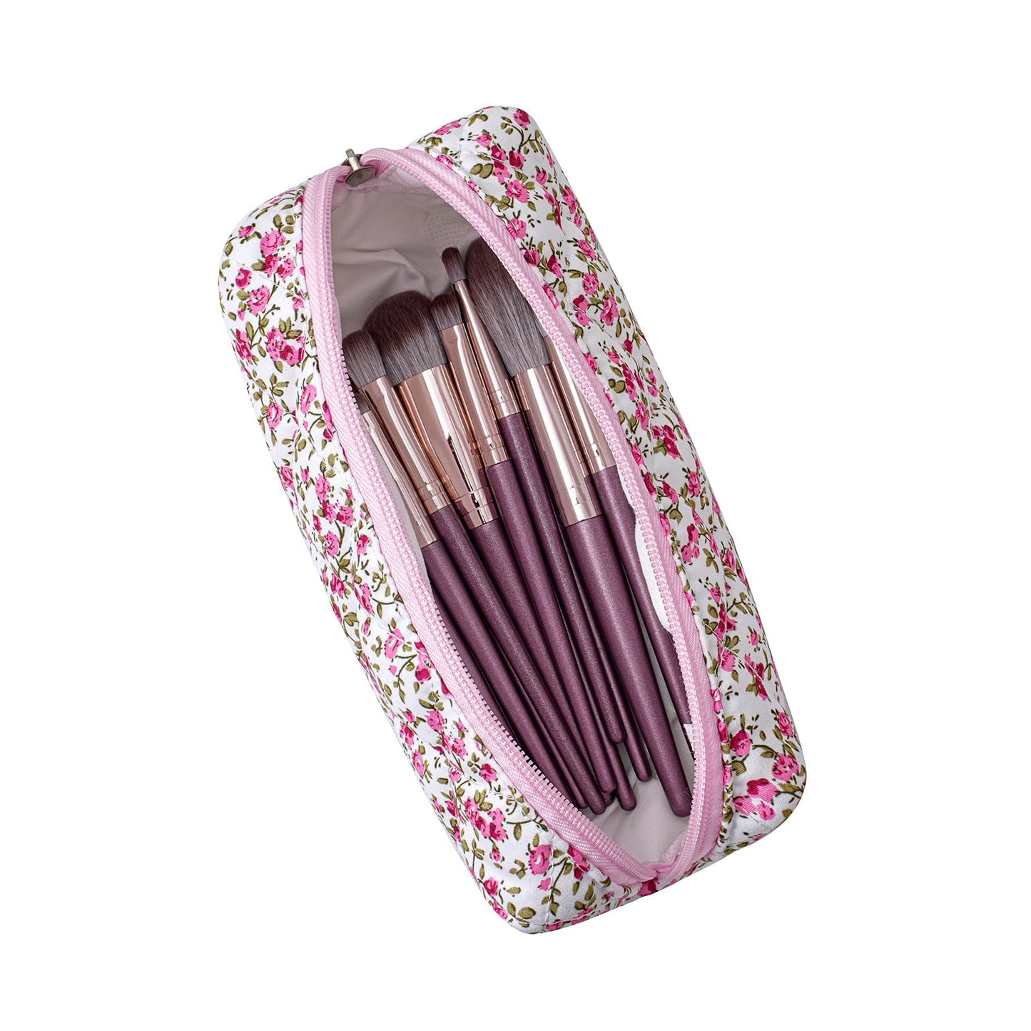 HHQQWZ Cute Floral Cotton Makeup Brush Cosmetic Bag for Women, Travel Quilted Zipper Make Up Bag, Flowers Toiletry Organizer Case Kawaii Makeup Cosmetic Travel Cloth Pouch (Pink+Red Floral)
