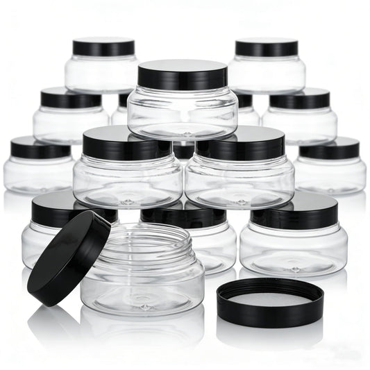 Zentriqlla 24 Pack 5 Oz Plastic Jars with Black Lids, BPA Free Clear Body Scrub Containers, Empty Round Samples Jars for Sugar Scrub, Lotion, Body Butter, Cream