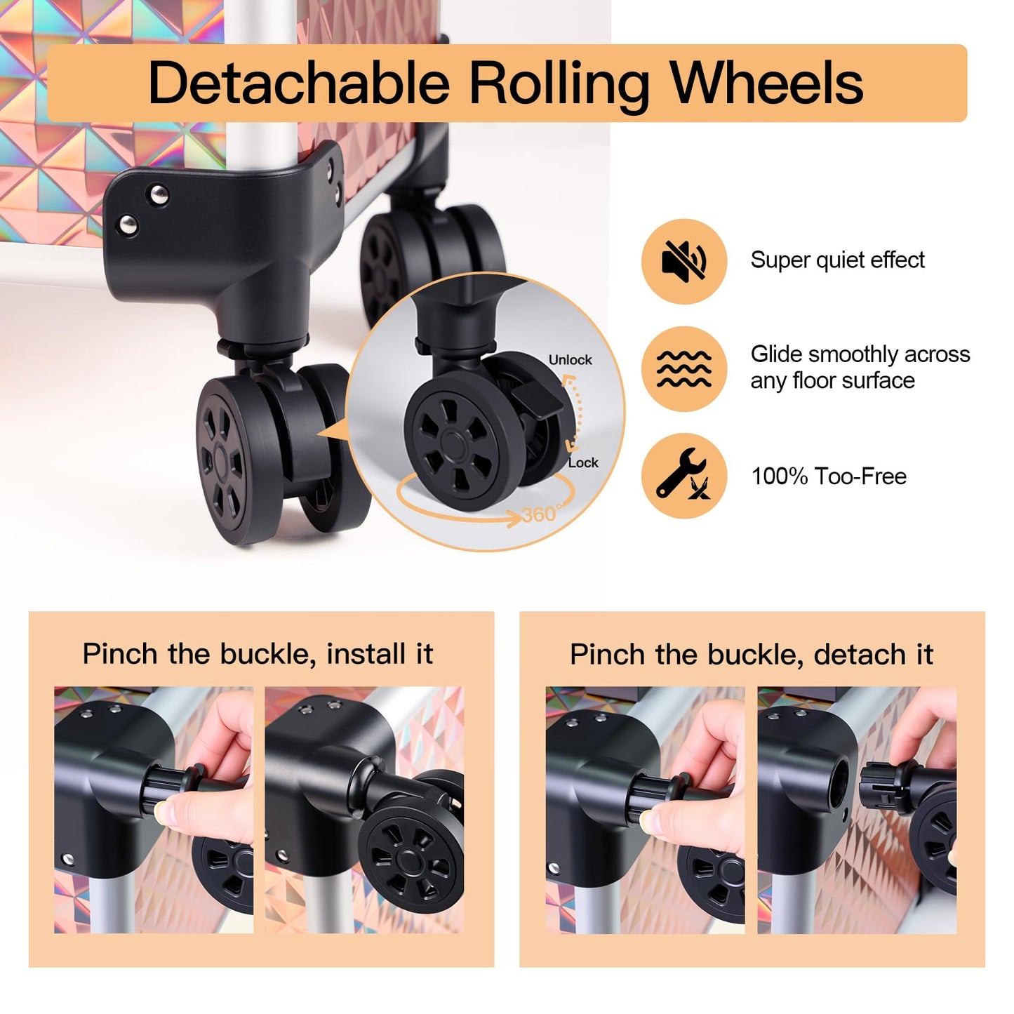 Professional Rolling Makeup Case, Cosmetology Case on Wheels 4 in 1 Large Cosmetic Train Case, Ideal Gift for Hairstylist, Nail Techs, Portable Beauty Organizer for Travel or Salon Use