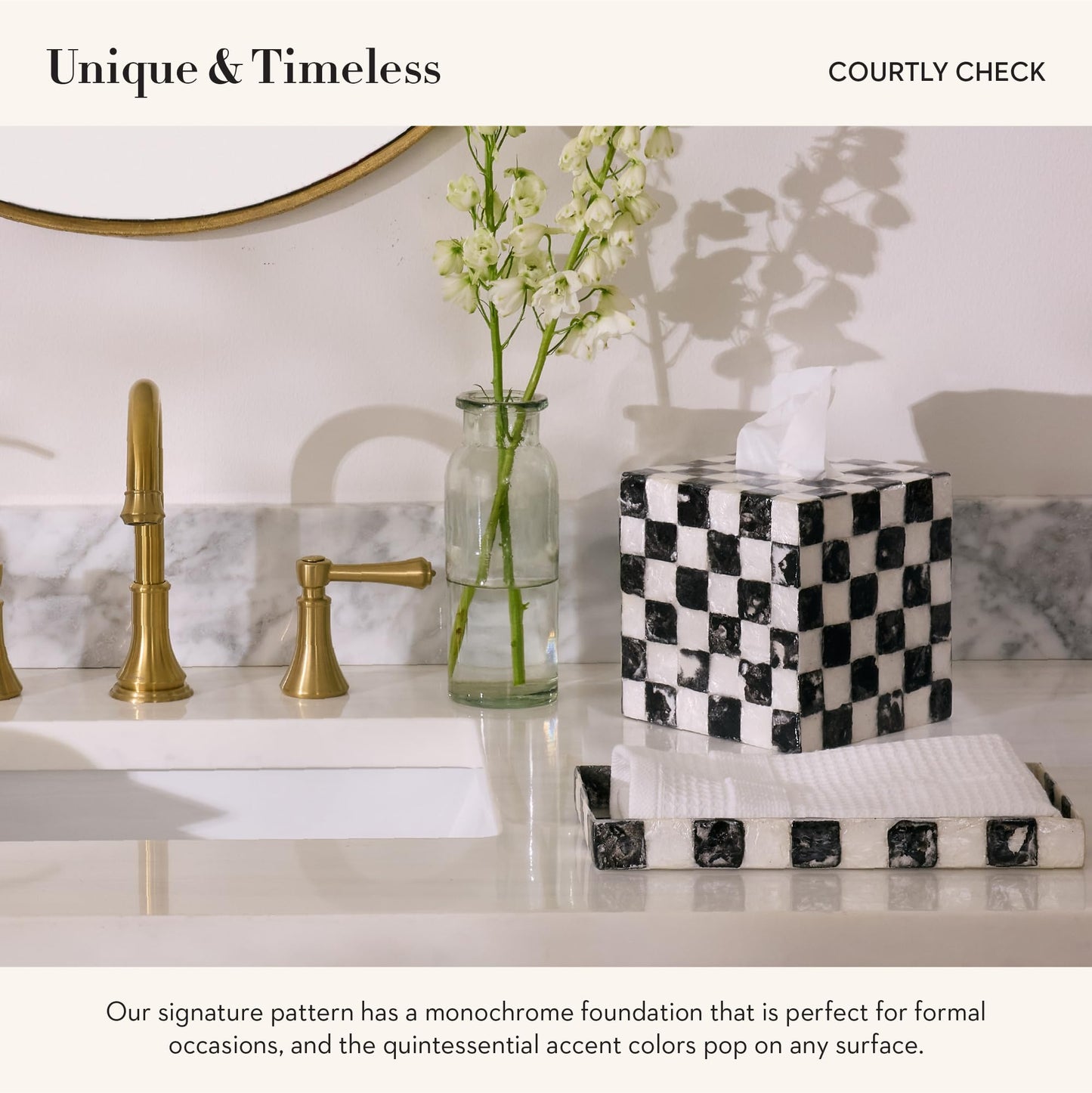 MACKENZIE-CHILDS Capiz Vanity Tray, Rectangular Tray Decor, Black-and-White Courtly Check