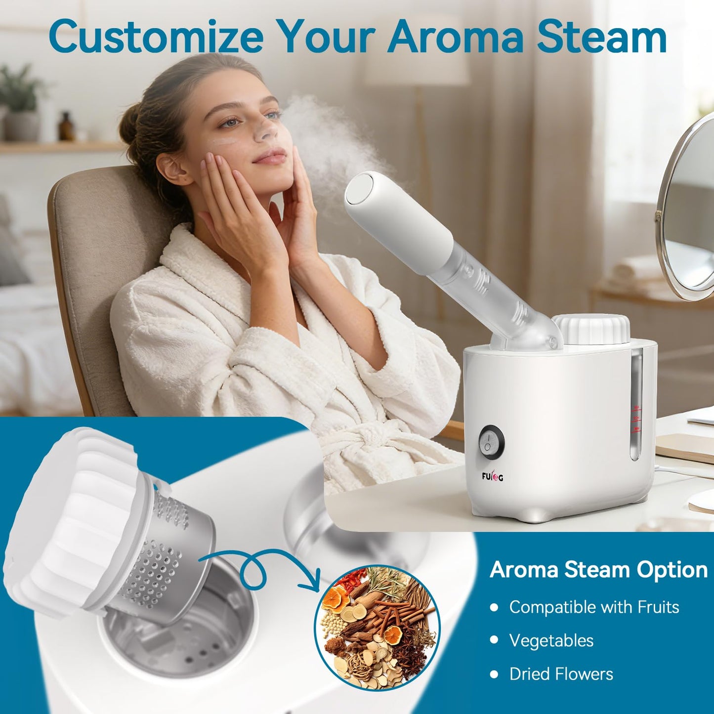 Fulog Facial Steamer Nano Ionic Face Steamer with 360° Rotating Arm, Esthetician Facial Steamer for Deep Cleaning, Portable Spa Facial Machine for Home Salon