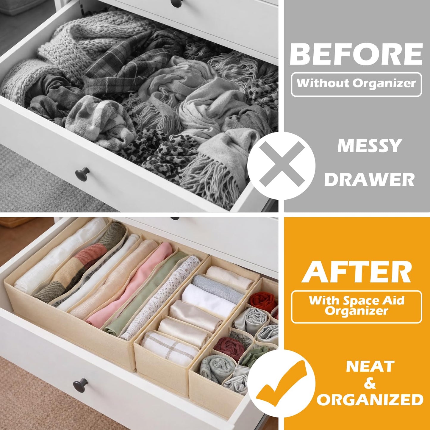 Soft Scarf Organizer for Closet Drawer 3 Set Fabric Storage Bins with 6, 7, and 8 Compartments for Scarves and Accessories Space Saving Closet Organizers Non Damaging Flexible Storage for Home (Beige)
