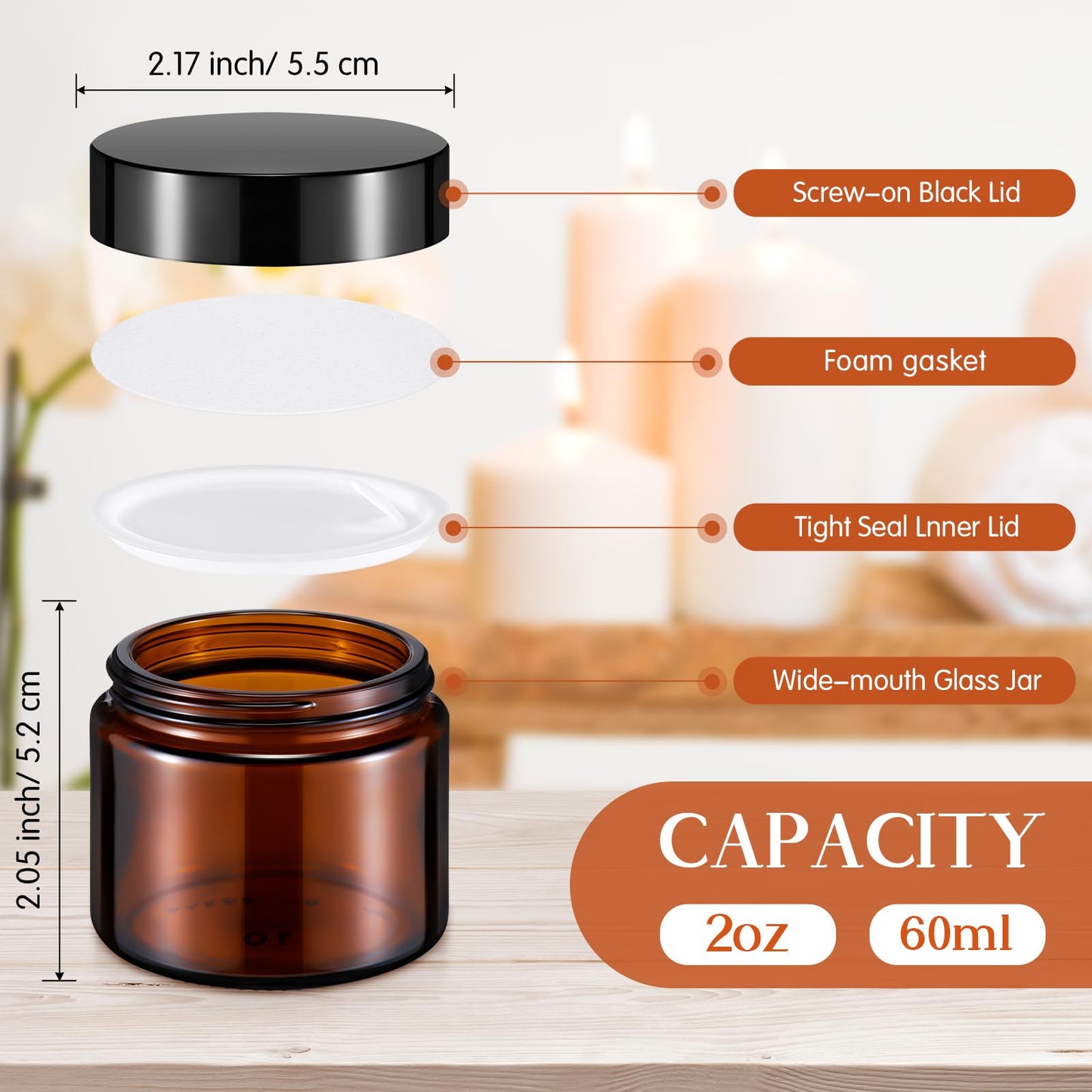 Domensi 48 Pcs 2 oz Glass Jars with Lids Small Glass Jars with Lids Round Leakproof Airtight Empty Cosmetic Travel Containers with Inner Liners Lid for Makeup Lotions Cream Ointments (Amber)
