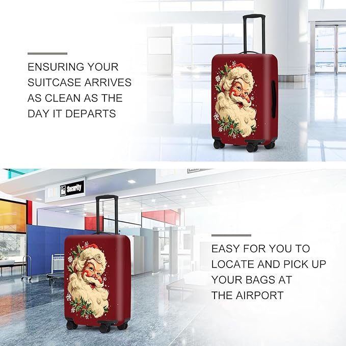 Retro Santa Luggage Cover - Vintage Saint Nicholas with Holly and Snowflakes, Traditional Christmas Suitcase Protector 18 20 22 Inch