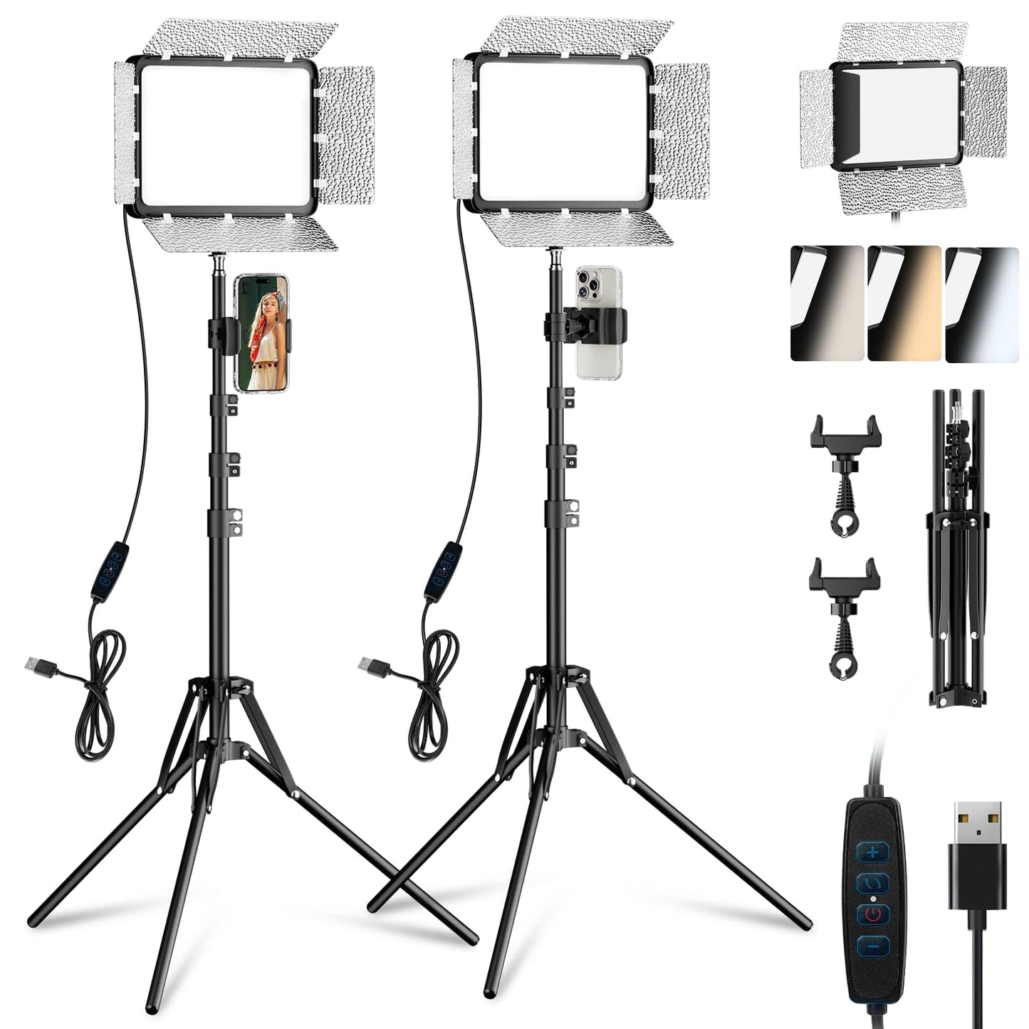 EMART LED Video Light Kit with Phone Holder & Barndoor, 2800-7000K Dimmable Studio Lights for Video Recording, 73'' Height for Live Streaming, YouTube, Vlog, Photography, Content, Podcast, 2-Pack