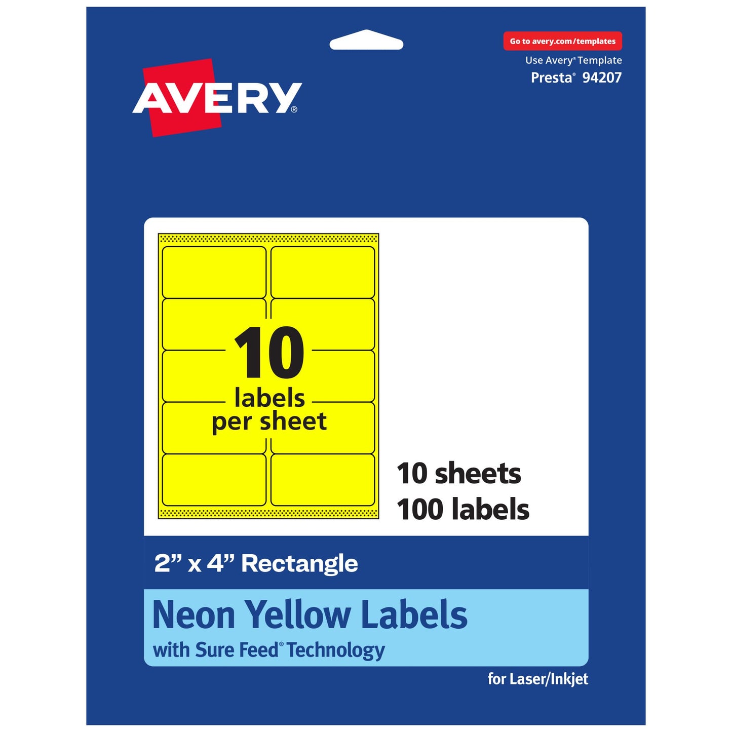 Avery Printable Rectangle Labels, Sure Feed Technology, 2" x 4", Neon Yellow Labels, Laser/Inkjet Printable, 100 Total, Great for Mailing and Candles