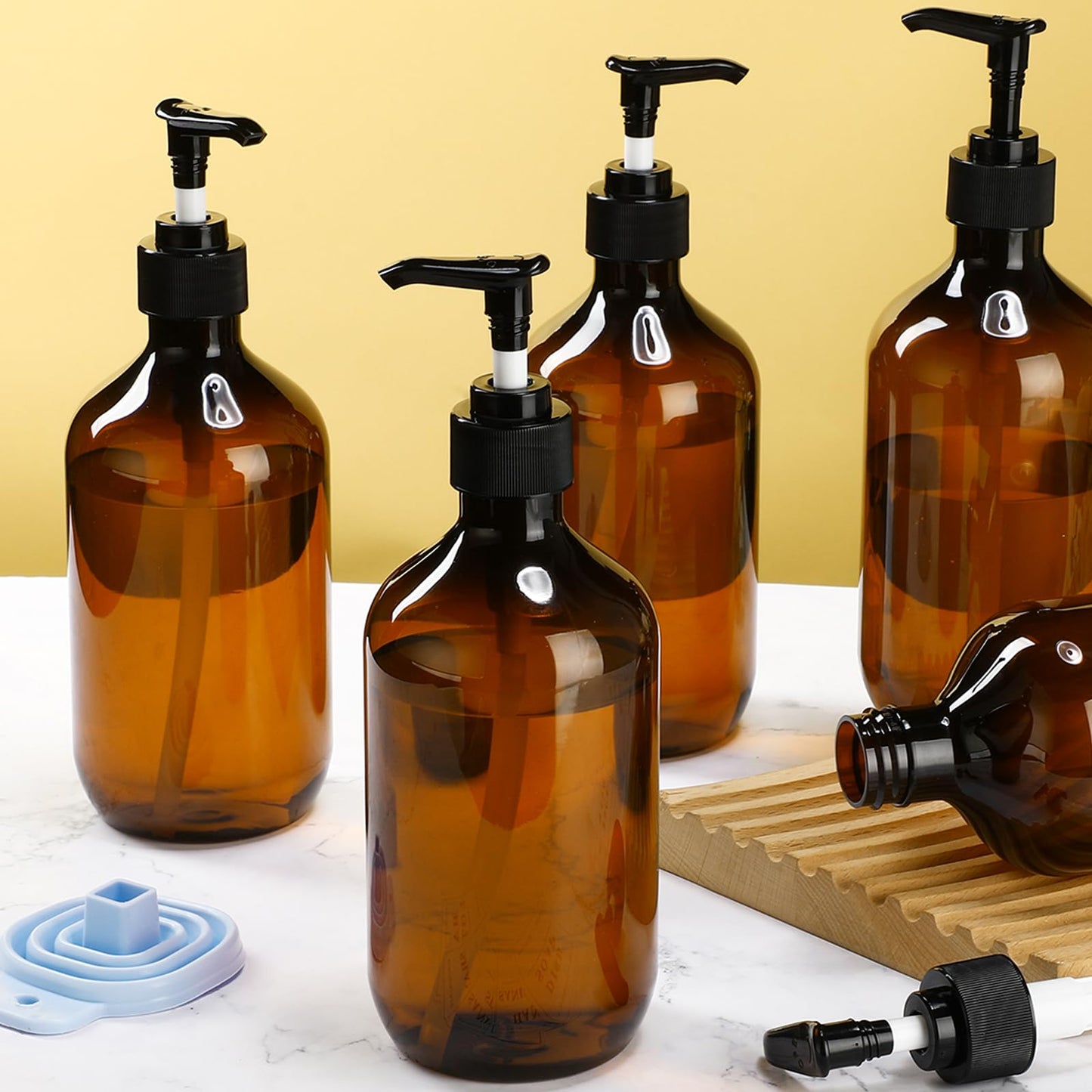 Sliner 6 Pcs Shampoo and Conditioner Dispenser Bottles 16.9 oz Plastic Shower Bottles with Pump and 1 Silicone Funnel Reusable Hand Soap Containers for Bathroom Shower(Amber)