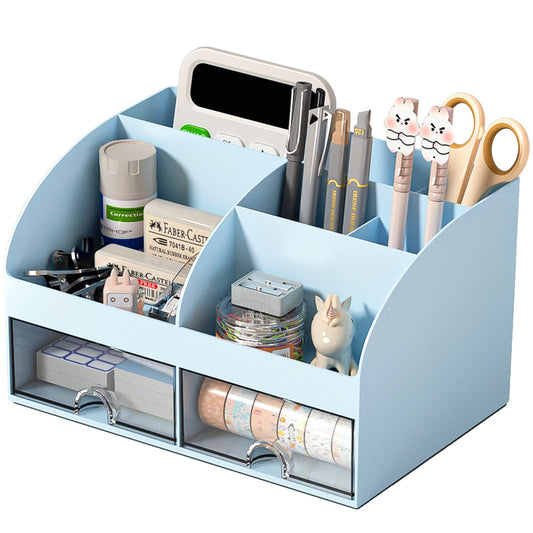 COMFYROOM Desk Organizer with 6 Compartments and 2 Drawers, Plastic Makeup Organizer, Pen Holder for Desktop Storage, Desk Organization for School, Home, Office Supplies (Blue)