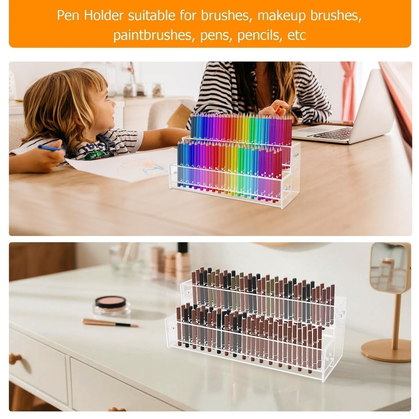 96-Slots Acrylic Pen Holder,2-Tier Pen Display Stand for Craft Shows,12mm Beadable Pens Stand Paint Brush Holder Pencil Organizer Makeup Brush Rack Art Brush Organizer for School Classroom Supplies