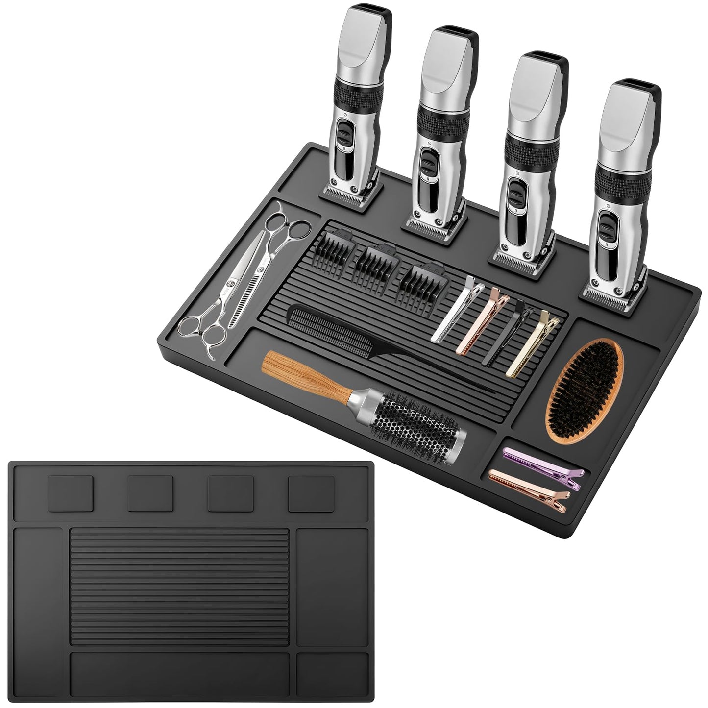 Magnetic Barber Mat for Clippers - Professional 4-Slot Tool Organizer Station with Strong Magnet, Non-Slip Flexible Silicone Mat for Barber Shop & Salon Accessories