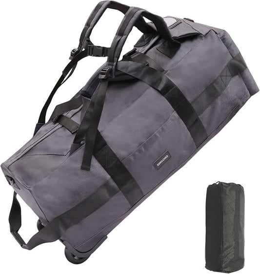 80L Rolling Duffle Bag with Wheels - Heavy-Duty 33.5" Foldable Duffel, Water-Resistant Wheeled Luggage with Shoulder Straps for Camping, Gym, Airplane (Grey)