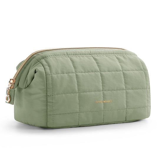 BAGSMART Makeup Bag Travel Cosmetic Bag, Puffy Padded Make Up Bags for Women Makeup Organizer Case, Wide-open Pouch Purse Travel Essentials Toiletries Accessories Brushes, Mossy Green