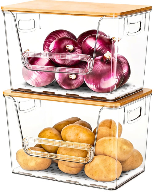 2 Set Pantry organizers and Storage,Trash Bag Holder Under sink Organizer for 4-13 Gal Bags,Trash Bag Dispenser with Bamboo Lids and Stackable Clear Bins for Potato, Onion, Garlic, Fruit, Vegetables