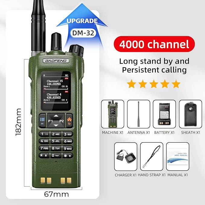 BAOFENG DM32 DM-32UV DMR Radio | Walkie Talkies Long Range | Digital Two-Way Radio | 10W High Power Ham Radio with GPS Positioning | Programming &Type-C Charging | 1PC (2500mAh Battery)(Army Green)