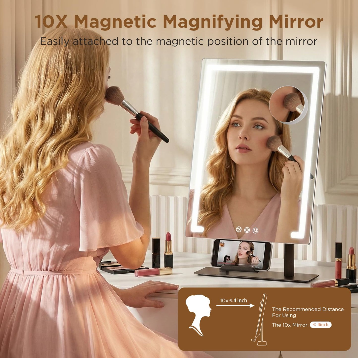 FRANO Vanity Mirror with Lights, 3 Color Lighting Modes, Detachable 10x Magnification, 4000mAh Rechargeable Lighted Makeup Mirror, Smart Touch Control, Phone Holder, for Vanity Desk Tabletop
