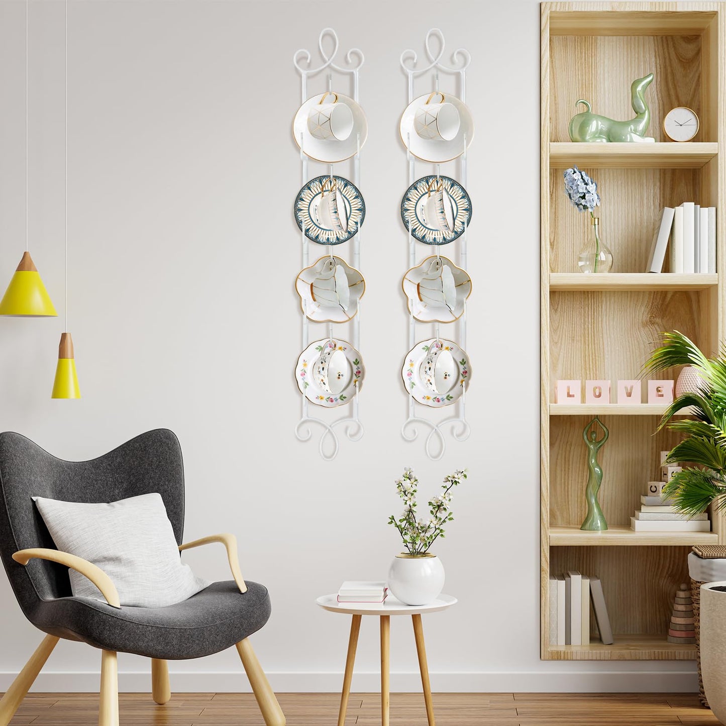WHXGG 2 Pack Tea Cup Display Rack Vertical Wall Cup Rack Set 4 Tiers Wall Mounted Cups Plate Holder 36 x 5''Tea Cup and Saucer Display Stand for Kitchen Tearoom Restaurant Office Fits 6''Diameter