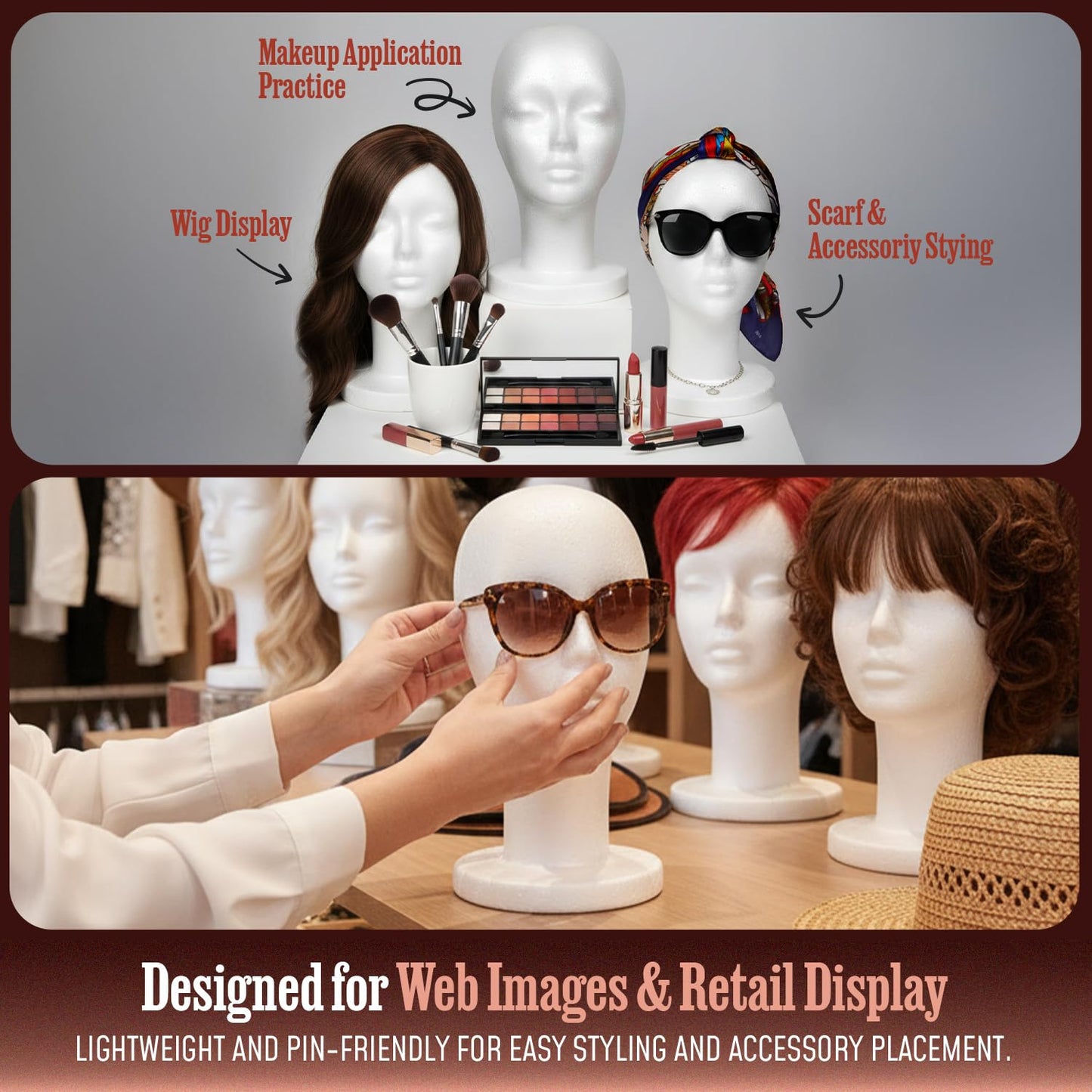 STUDIO LIMITED 11.4-Inch Styrofoam Mannequin Head (2 Pack) – White Foam Wig Display Head for Wigs, Hats & Hairpieces, Professional Salon and Cosmetology Use