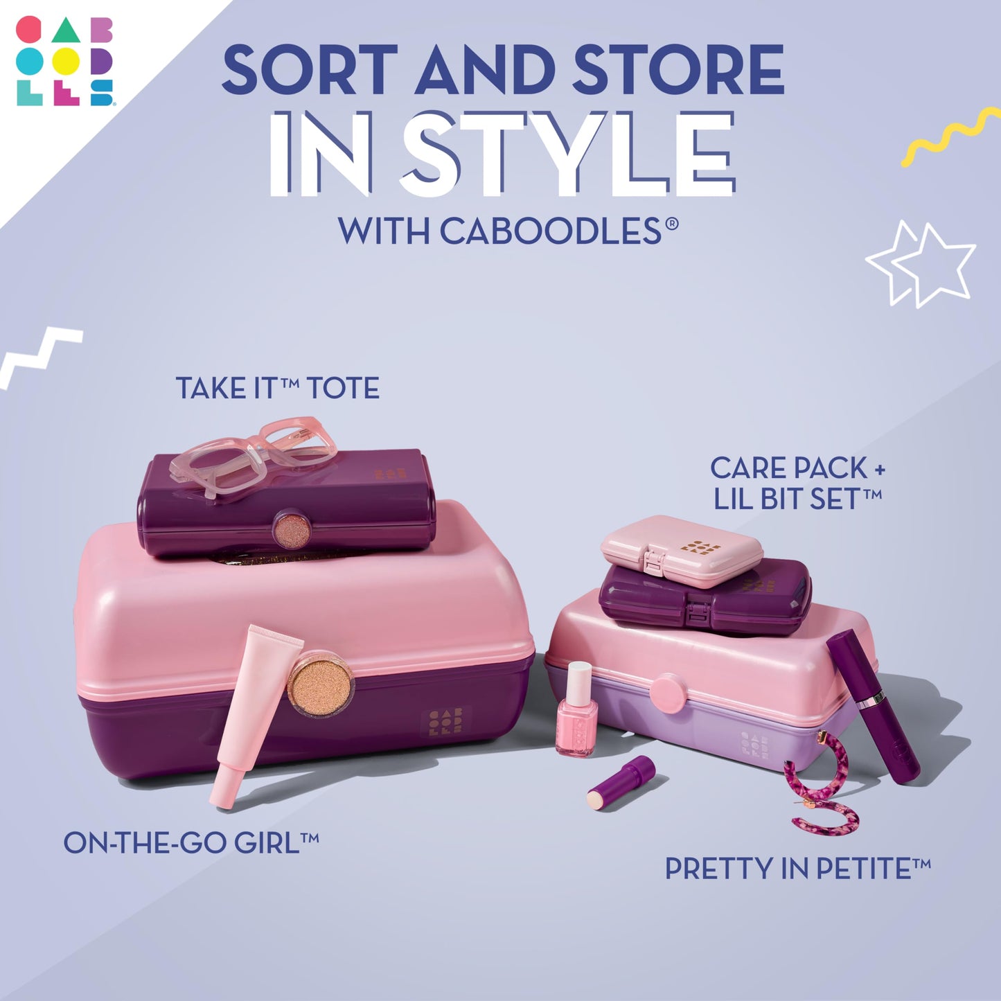 Caboodles Pretty in Petite Makeup Box, Two-Tone Periwinkle on Pink, Hard Plastic Organizer Box, 2 Swivel Trays, Fashion Mirror, Secure Latch for Safe Travel