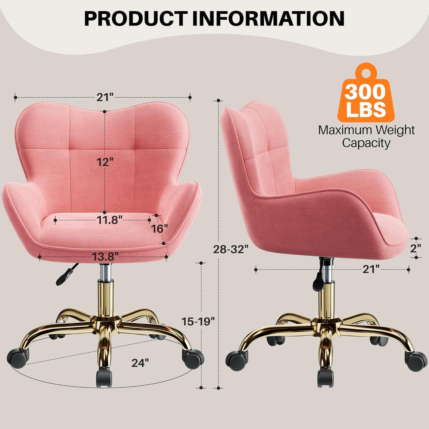 BestEra Vanity Chair with Wheels, Cute Home Office Desk Chairs Adjustable Height for Living Bedroom, Small Modern Fluffy Velvet Makeup Chair with Back for Girls (Pink)