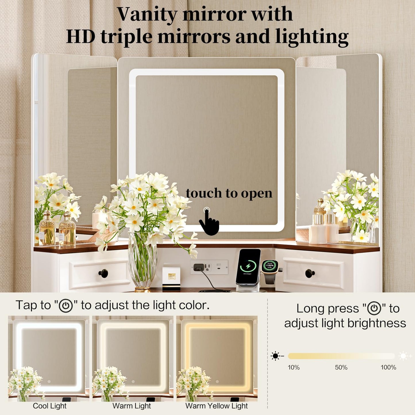 GRUTEUNIT Corner Vanity Desk with Mirror and Lights,Makeup Vanities with Power Outlet and 6 Drawers, 3 Light Settings, Dimmable for Women Girls, Bedroom, White