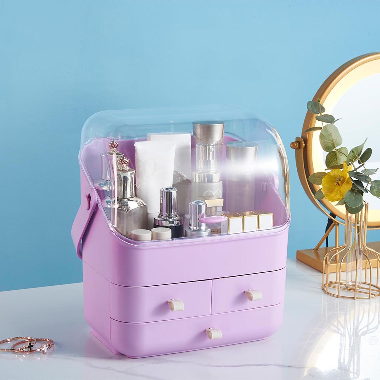 Large Makeup Organizer w Drawers Beauty Organizer Makeup Box Holder Vanity Organization Desk Countertop MakeUp Organizers Bathroom Counter Organizer Skincare Cosmetic Case Stand Dustproof Lid Gift