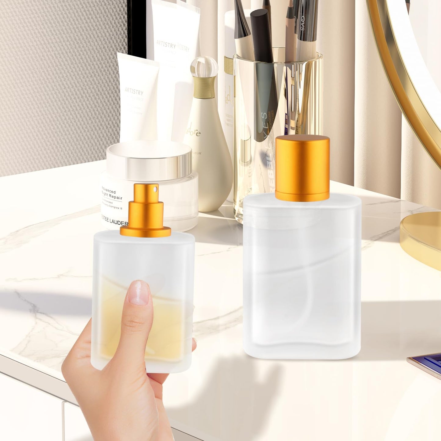 Mirrline 6 Pcs 100ml/3.38oz Frosted Glass Spray Bottle Empty Perfume Atomizer Fine Mist Spray Cosmetic Container - Golden Lids