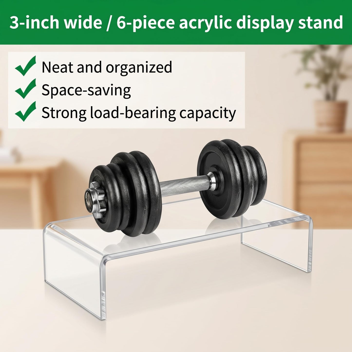 Enjamyo 6 PCS Clear Acrylic Display Risers, Rectangular Risers Display Stands, Product Stand, Clear Display Stand for Jewelry Perfume Figures Dessert Cupcake (7", 8", 9")