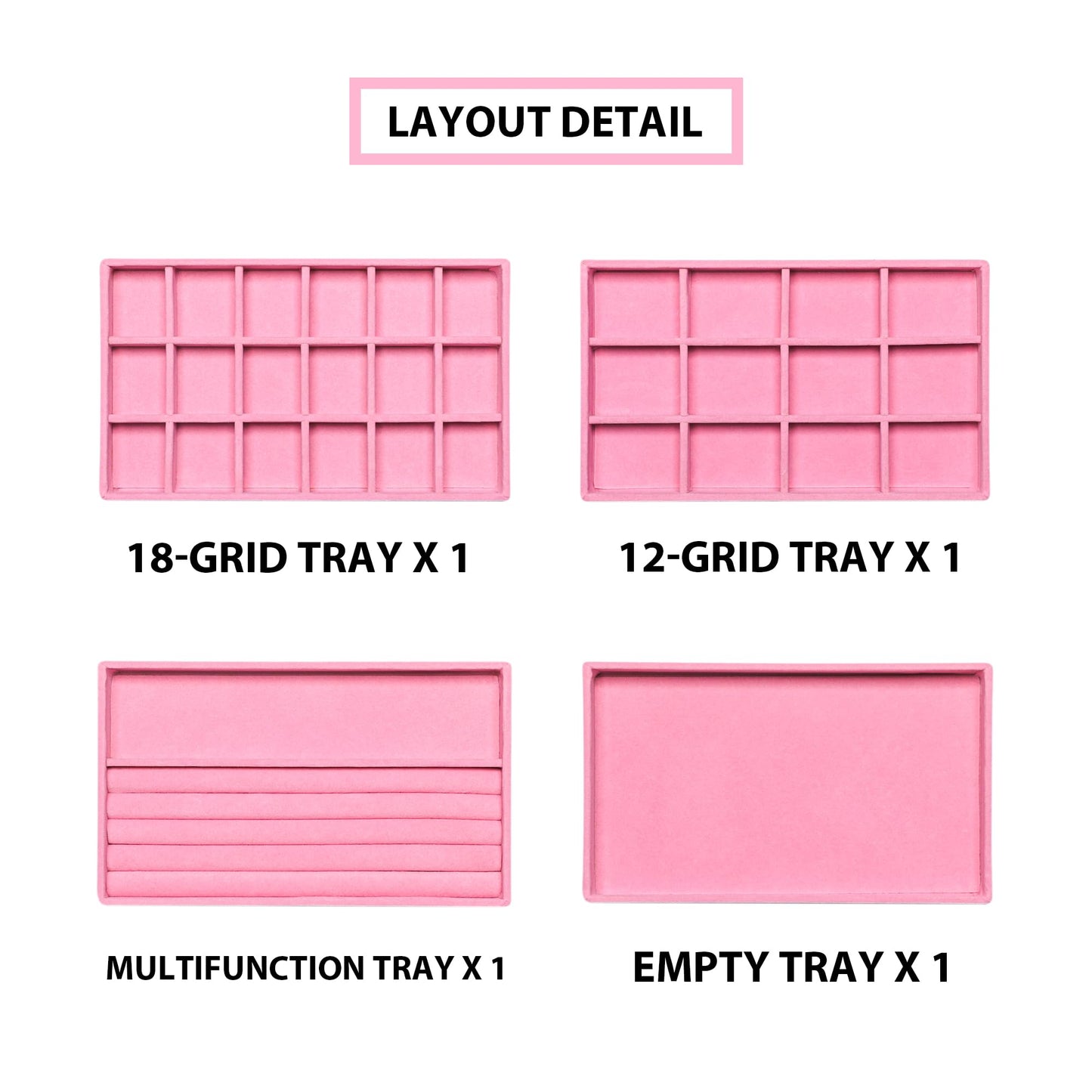 Frebeauty Jewelry Organizer Tray,Stackable Velvet Jewelry Trays,Drawer Inserts Earring Organizer For Women Jewelry Storage Display Case for Rings Stud Necklaces,Set of 4(Pink)