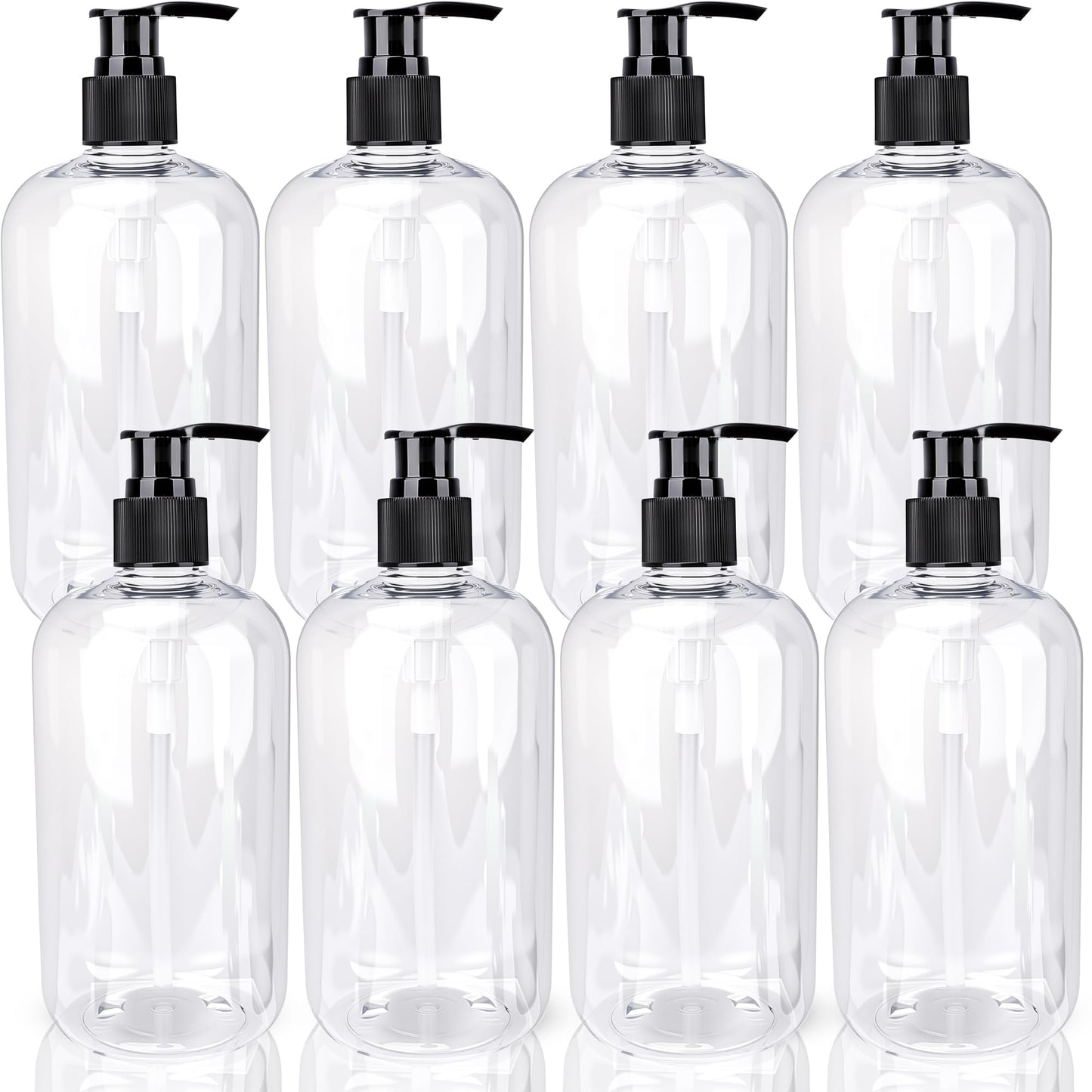8 Pack 500ml Empty Plastic Pump Bottles Refillable Clear Soap Dispenser Bottles with Black Pump Round Shoulder Bottles for Lotion Shampoo Conditioner Hand Soap