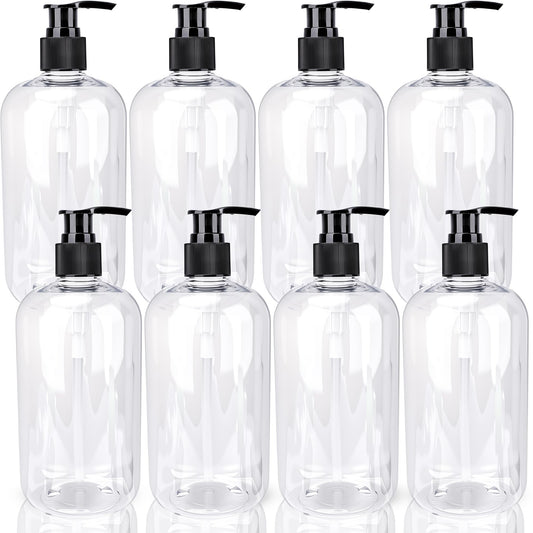 8 Pack 500ml Empty Plastic Pump Bottles Refillable Clear Soap Dispenser Bottles with Black Pump Round Shoulder Bottles for Lotion Shampoo Conditioner Hand Soap