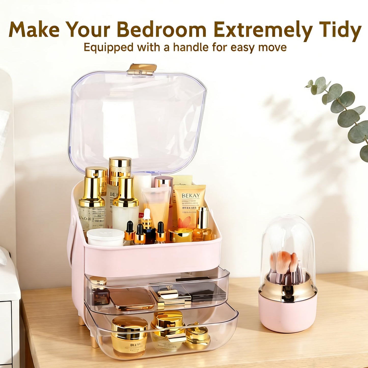Makeup Organizer with 360 Rotating Brush Holder, Large Skincare Organizer for Vanity, Dustproof Cosmetic Display Case with 2 Drawers for Bathroom Countertop, 16" Tall Portable Beauty Storage,pink