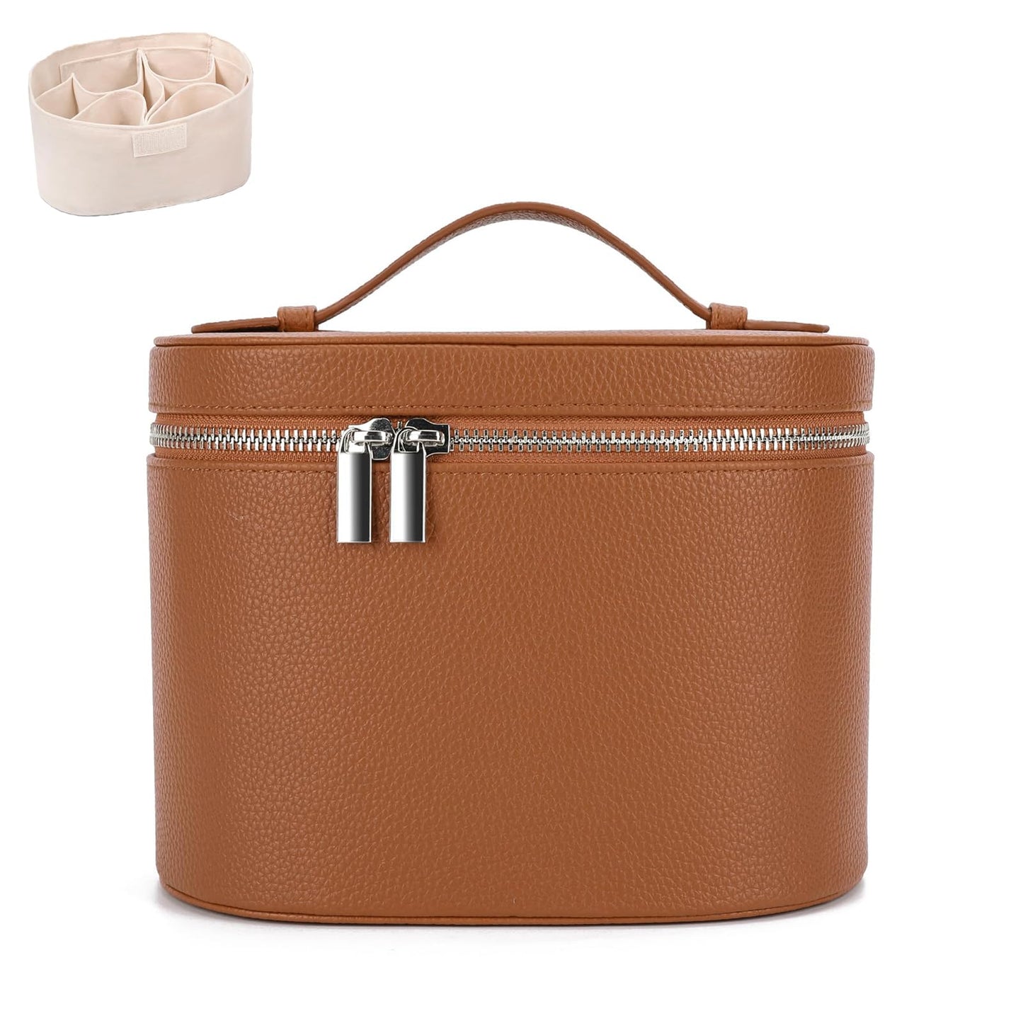 IEMIEBOAMGNOY Leather Makeup Bag Organizer with Compartments - Standing Travel Cosmetic Bag for Women, Waterproof Vanity Case with Detachable Divider, Brown Portable Toiletry Bag