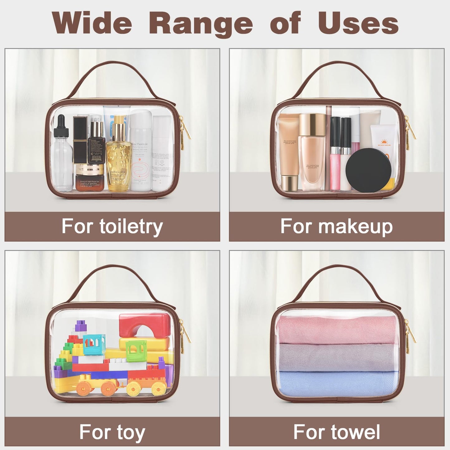 Wedama TSA Approved Toiletry Bag, 3 Pack Clear Makeup Bags with Handles, Quart Size PVC Clear Cosmetic Bags for Women and Men, Carry on Airport Airline Compliant Bag, Brown