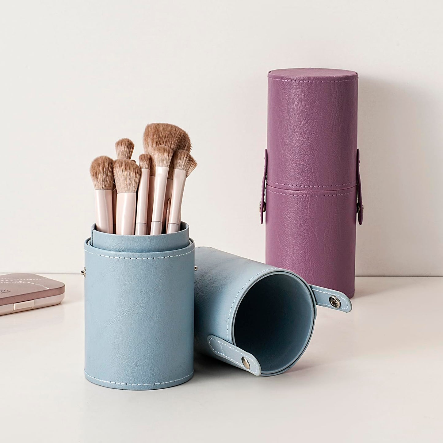 RSRSLEII Portable Makeup Brush Holder, Waterproof PU Leather Travel Makeup Brush Case Bag Cup, Brush Storage Dustproof Bag (08Light Blue)